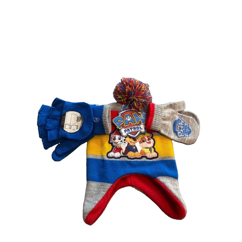 Paw Patrol Red Yellow Blue & Grey Winter Beanie Hat with Gloves / Mittens NWT